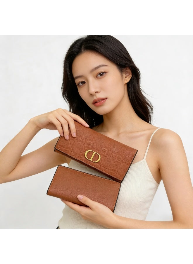 Diorra Women's long yellow quilted flap wallet with metal clasp, leather clutch - Image 3